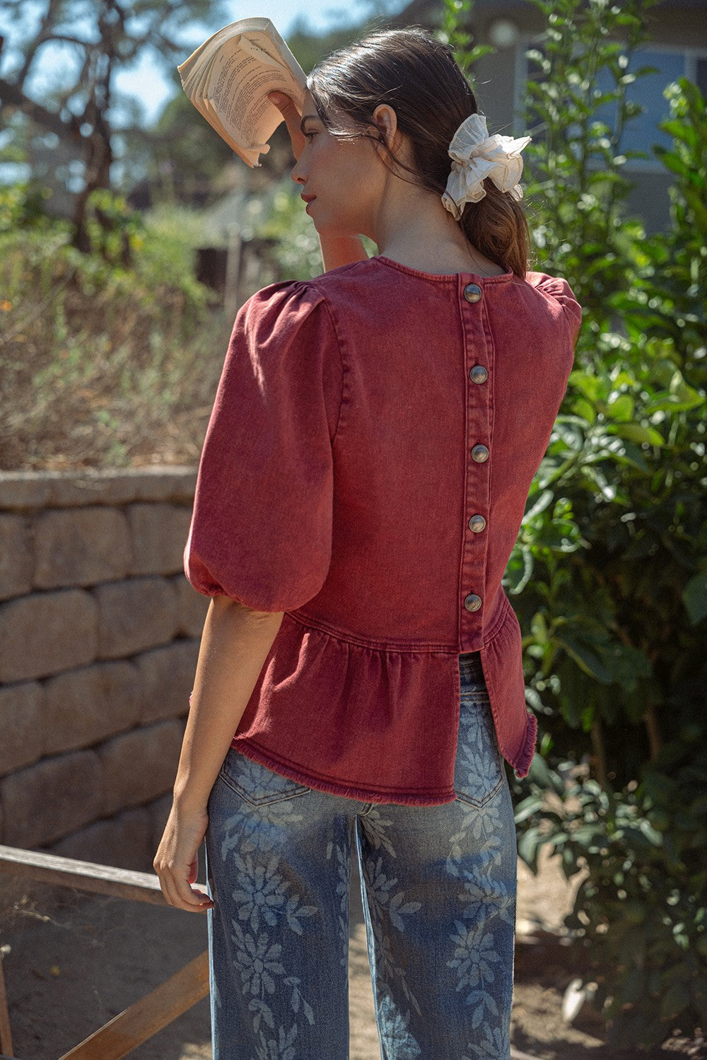 The Darci Denim Blouse in Maroon