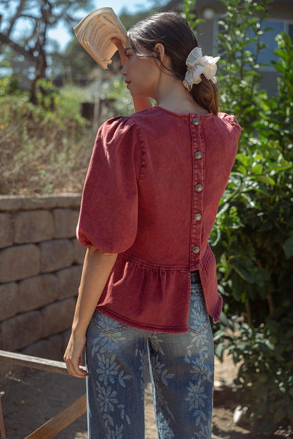 The Darci Denim Blouse in Maroon