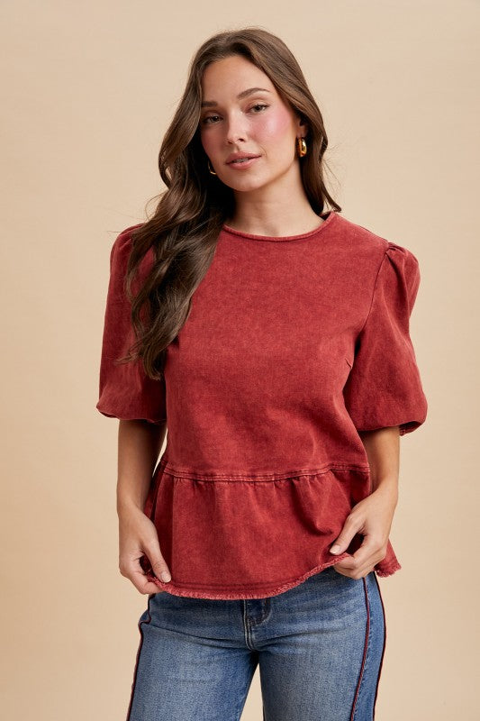 The Darci Denim Blouse in Maroon