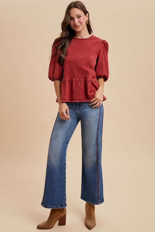 The Darci Denim Blouse in Maroon