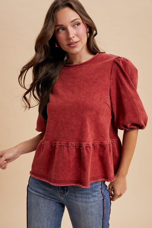 The Darci Denim Blouse in Maroon
