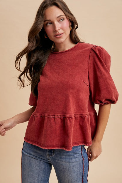 The Darci Denim Blouse in Maroon