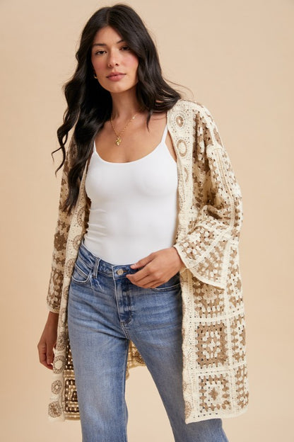 The Tova Crochet Cardigan in Cream + Mocha