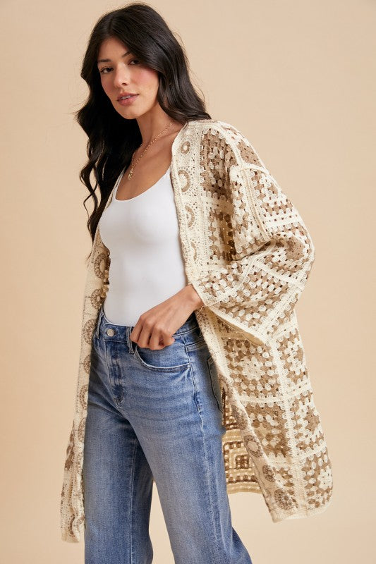 The Tova Crochet Cardigan in Cream + Mocha