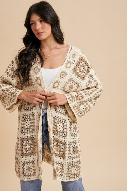 The Tova Crochet Cardigan in Cream + Mocha
