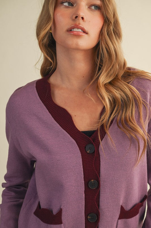 The Winslet Scallop Detail Cardigan in Mauve + Burgundy