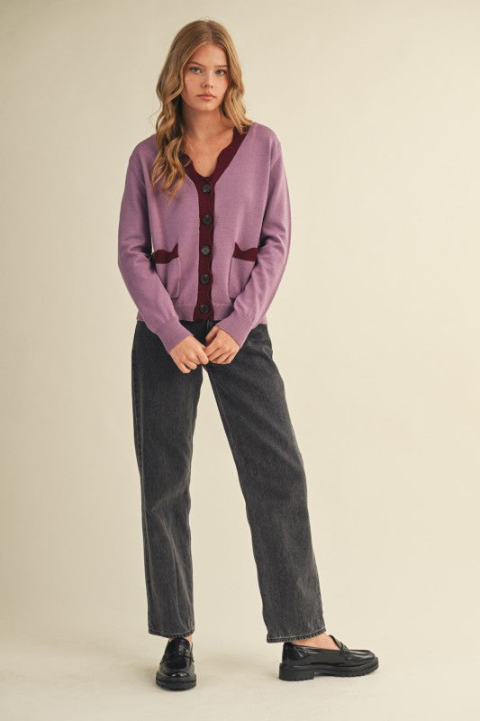 The Winslet Scallop Detail Cardigan in Mauve + Burgundy