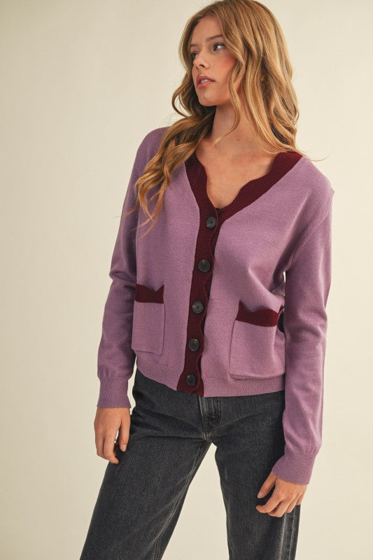 The Winslet Scallop Detail Cardigan in Mauve + Burgundy