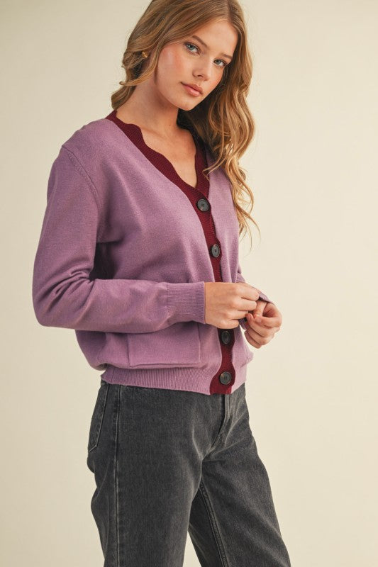 The Winslet Scallop Detail Cardigan in Mauve + Burgundy