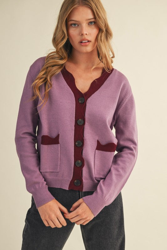The Winslet Scallop Detail Cardigan in Mauve + Burgundy