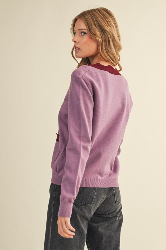 The Winslet Scallop Detail Cardigan in Mauve + Burgundy
