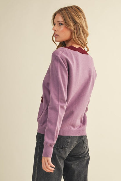 The Winslet Scallop Detail Cardigan in Mauve + Burgundy