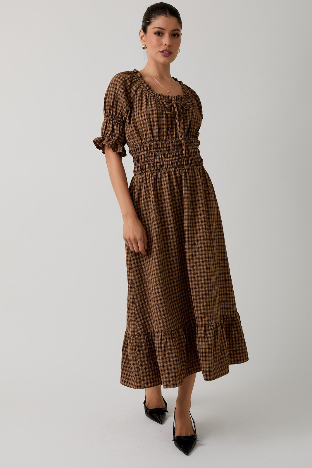 The Ansel Dress in Taupe + Brown Plaid