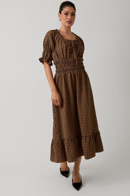 The Ansel Dress in Taupe + Brown Plaid
