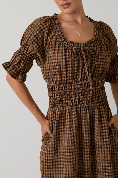 The Ansel Dress in Taupe + Brown Plaid