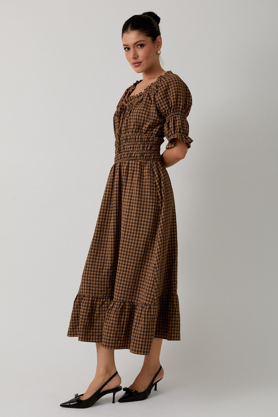 The Ansel Dress in Taupe + Brown Plaid