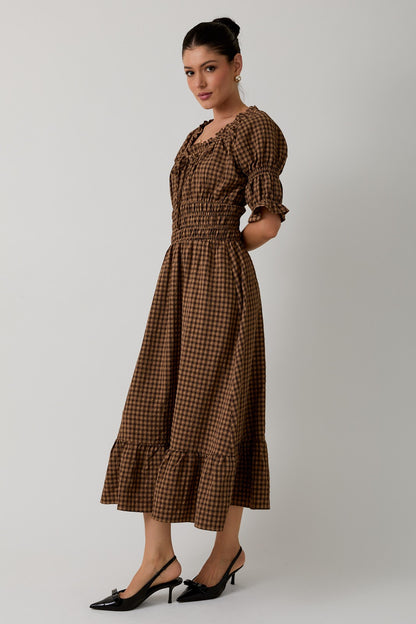 The Ansel Dress in Taupe + Brown Plaid