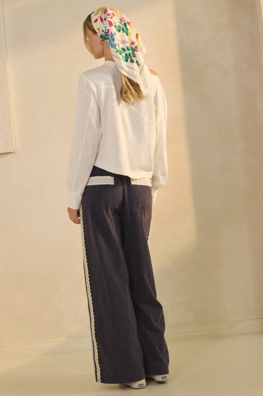 The Mabel Polka Dot Denim Pant in Navy