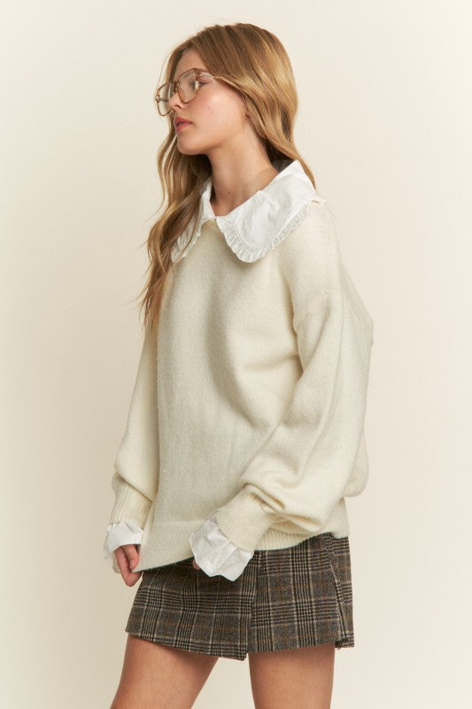 The Nora Ruffle Collared Knit Sweater in Cream