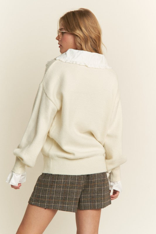 The Nora Ruffle Collared Knit Sweater in Cream