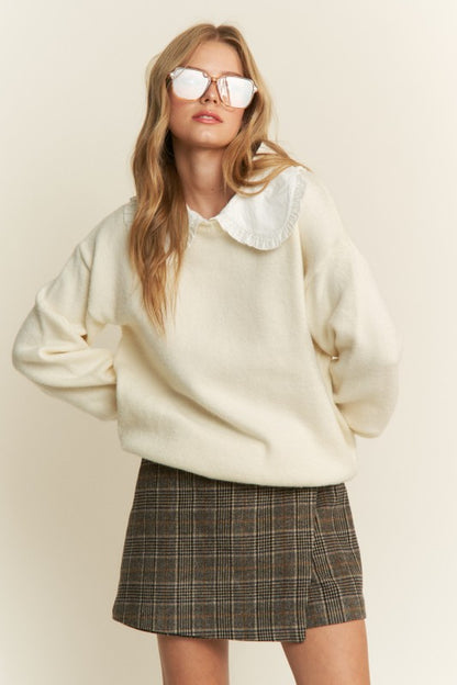 The Nora Ruffle Collared Knit Sweater in Cream
