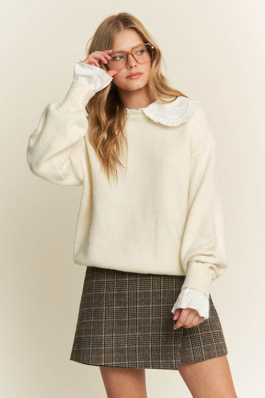 The Nora Ruffle Collared Knit Sweater in Cream