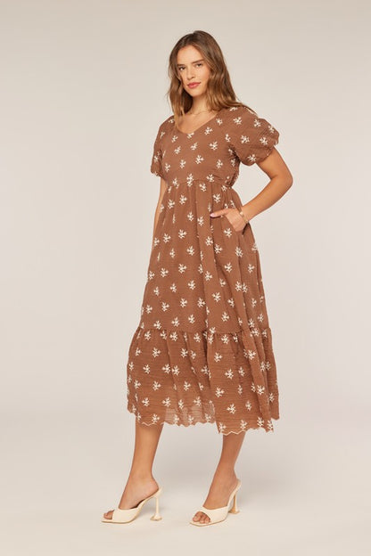 The Teddy Embroidered Dress in Brown + Ivory