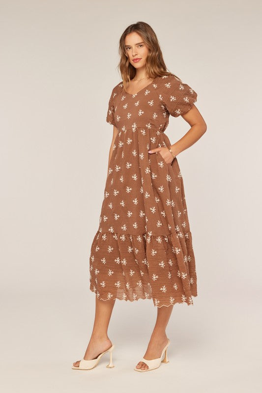 The Teddy Embroidered Dress in Brown + Ivory