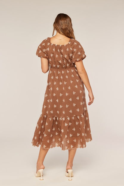 The Teddy Embroidered Dress in Brown + Ivory