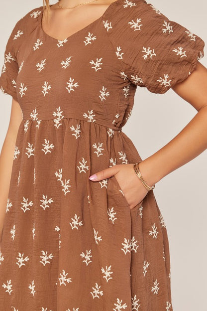 The Teddy Embroidered Dress in Brown + Ivory