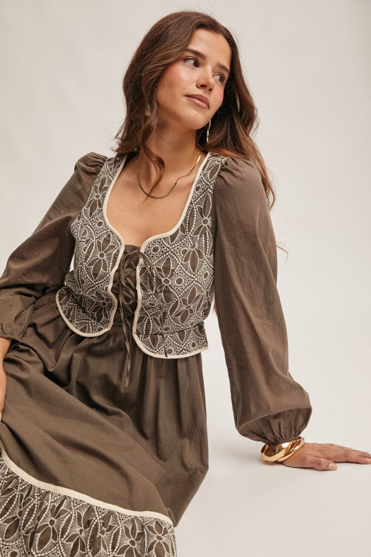 The Isolde Embroidered Dress in Olive