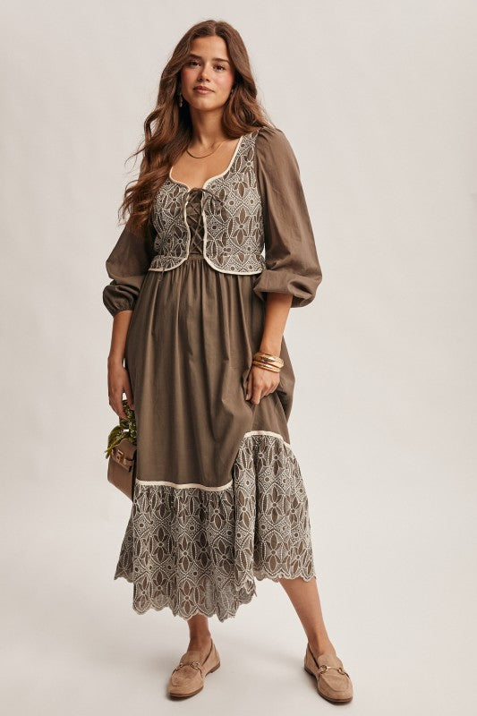 The Isolde Embroidered Dress in Olive