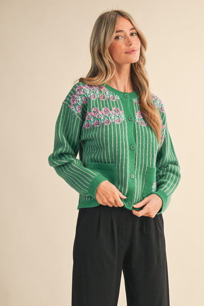 The Vida Striped Cardigan in Green + Grey