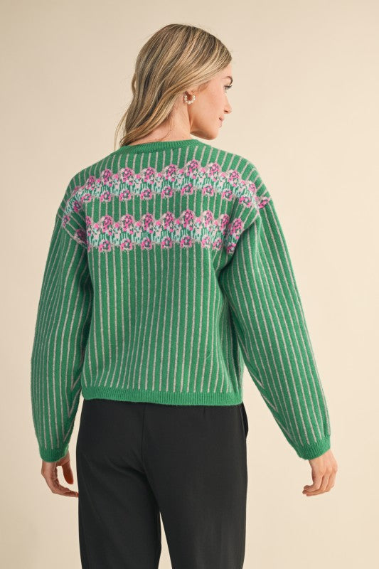 The Vida Striped Cardigan in Green + Grey