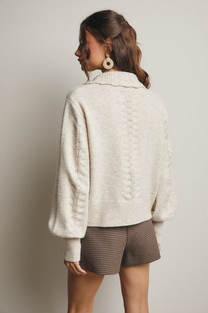 Soft Knit Fabric
Pointelle Detailing
Collared Neckline
Relaxed Silhouette
Balloon Sleeves
Ribbed Trim