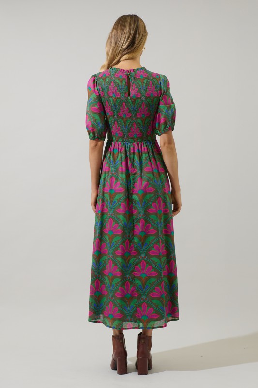 The Lillian Floral Smocked Maxi Dress in Kelly Green + Pink