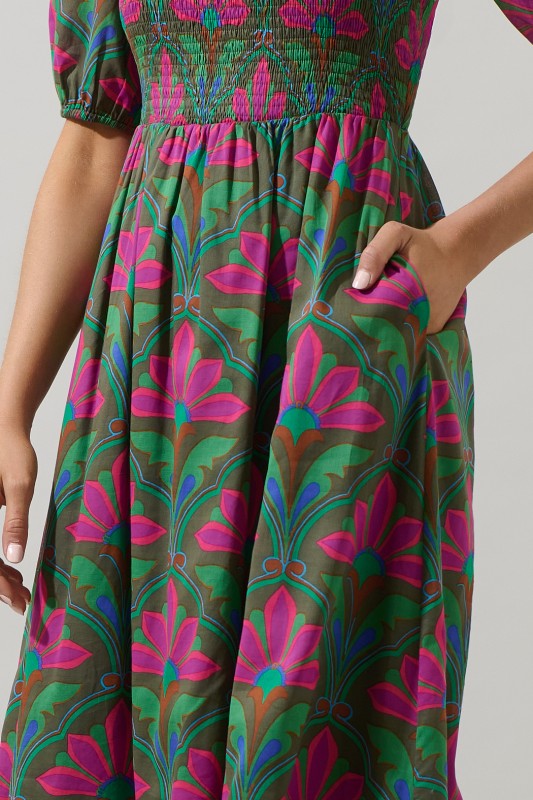 The Lillian Floral Smocked Maxi Dress in Kelly Green + Pink