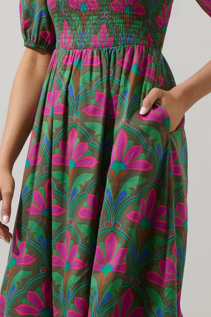 The Lillian Floral Smocked Maxi Dress in Kelly Green + Pink