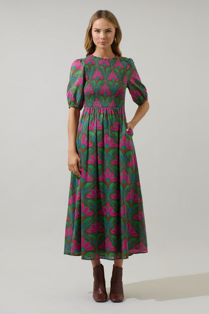 The Lillian Floral Smocked Maxi Dress in Kelly Green + Pink