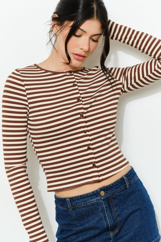 The Lorelei Striped Ribbed Blouse in Brown