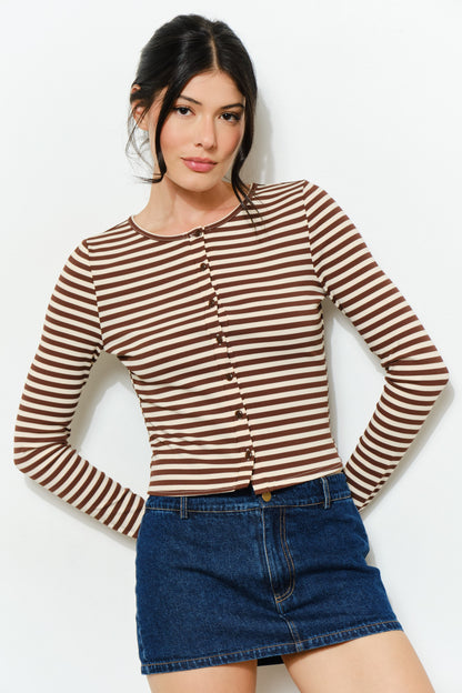 The Lorelei Striped Ribbed Blouse in Brown