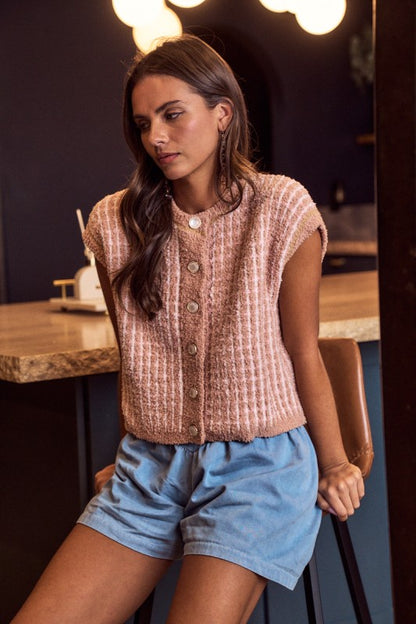 The Marnie Button - Up Vest in Latte Multi