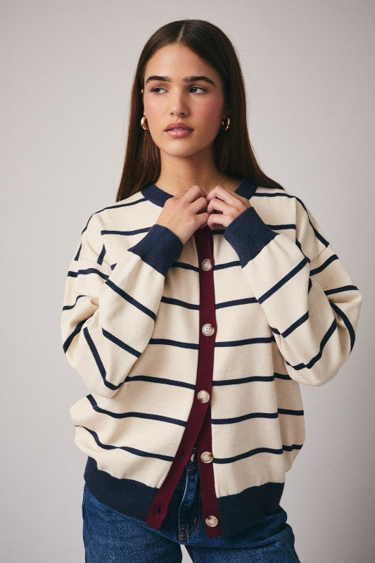 The Porter Striped Cardigan in Oatmeal + Navy Stripe