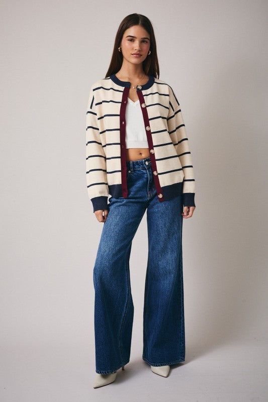The Porter Striped Cardigan in Oatmeal + Navy Stripe