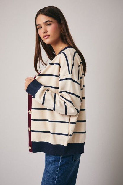 The Porter Striped Cardigan in Oatmeal + Navy Stripe
