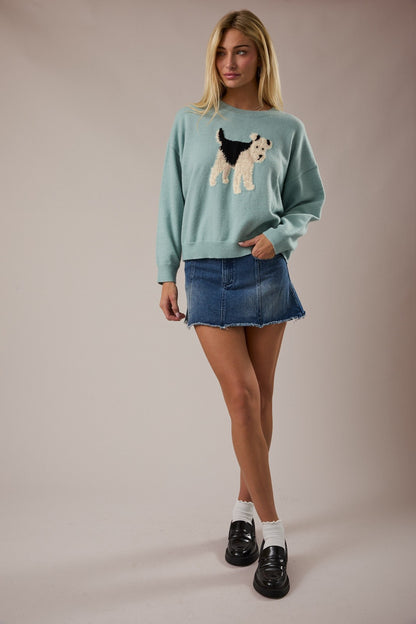 Crew neck mint long sleeve sweater with a black, white , and brown graphic terrier in the center. 