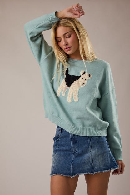 Crew neck mint long sleeve sweater with a black, white , and brown graphic terrier in the center. 