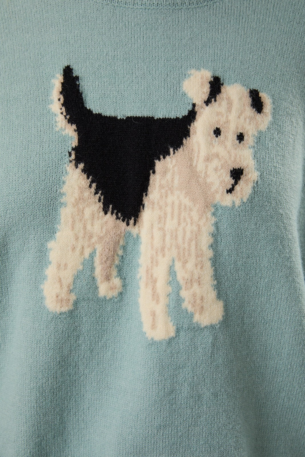 Crew neck mint long sleeve sweater with a black, white , and brown graphic terrier in the center. 