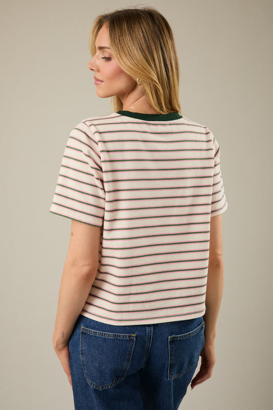 Short sleeve cream tee with small pink and green stripes, a green accent collar and a cute pocket. 