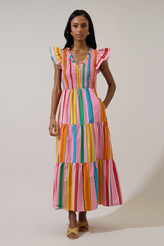 The Tavi Midi Dress in Pink + Multi Stripe